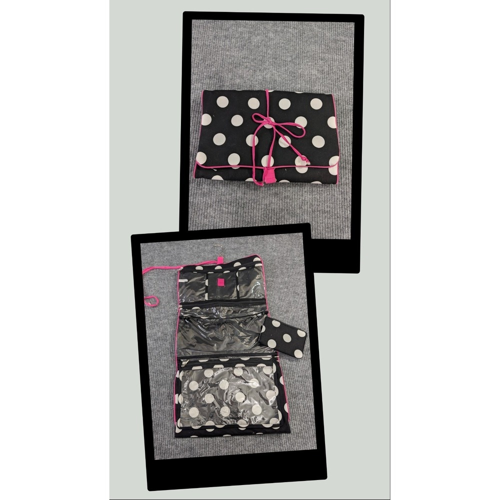 Hanging Make Up Jewelry Toiletry Travel Bag Black Polka Dot Vacation Organizer